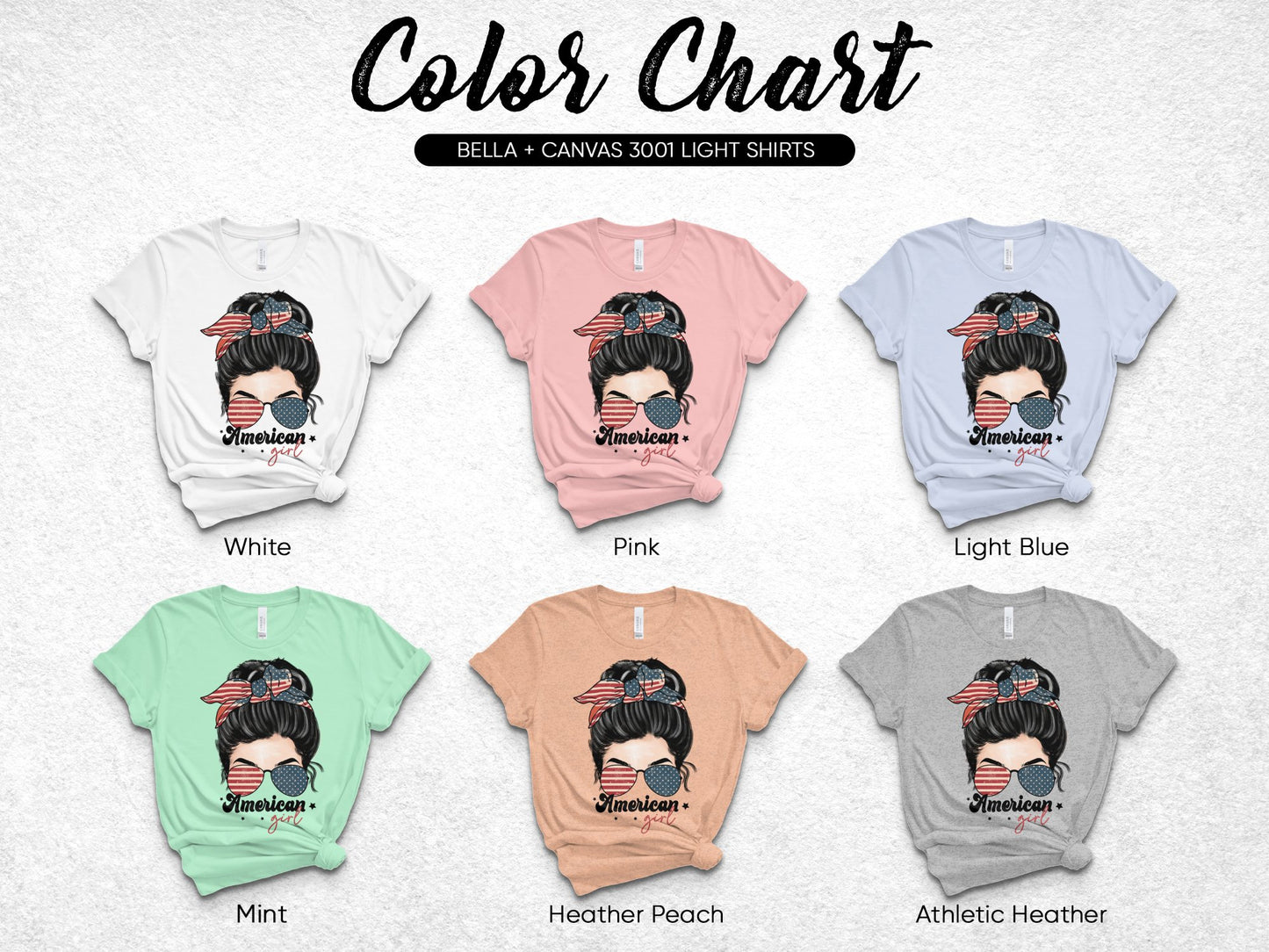 Women's Graphic Tee Color Chart, Bella Canvas 3001 Light Shirts in Multiple Colors with Text Art Design