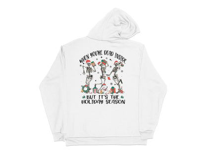 Funny Zombie Christmas Hoodie, Dead Inside Holiday Season Sweatshirt, Unisex White Hoodie with Graphic Print, Festive Apparel