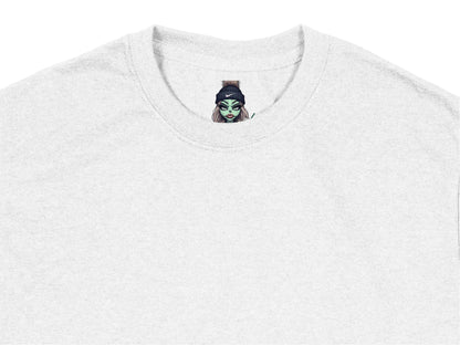 Unique Grey T-Shirt with Small Graphic Witch Face, Unisex Cotton Tee, Casual Streetwear, Halloween Apparel, Soft Style Shirt, Trendy Top