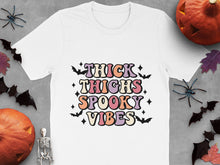 Halloween Themed T-Shirt, Thick Thighs Spooky Vibes, Funny Fall Tee, Skeleton and Pumpkin Decor
