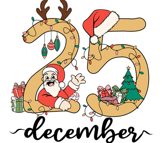 Santa Claus December 25 Wall Art, Christmas Tree Holiday Decor, Festive Seasonal Printable Illustration