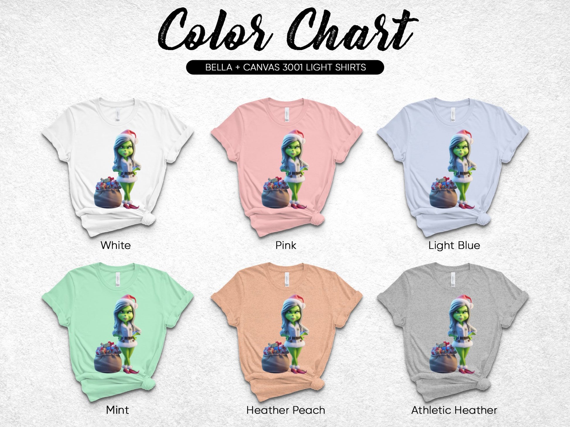 Bella Canvas 3001 Light T-Shirts, Colorful Female Character Print, Available in White, Pink, Mint, Heather Peach, Light Blue, Athletic