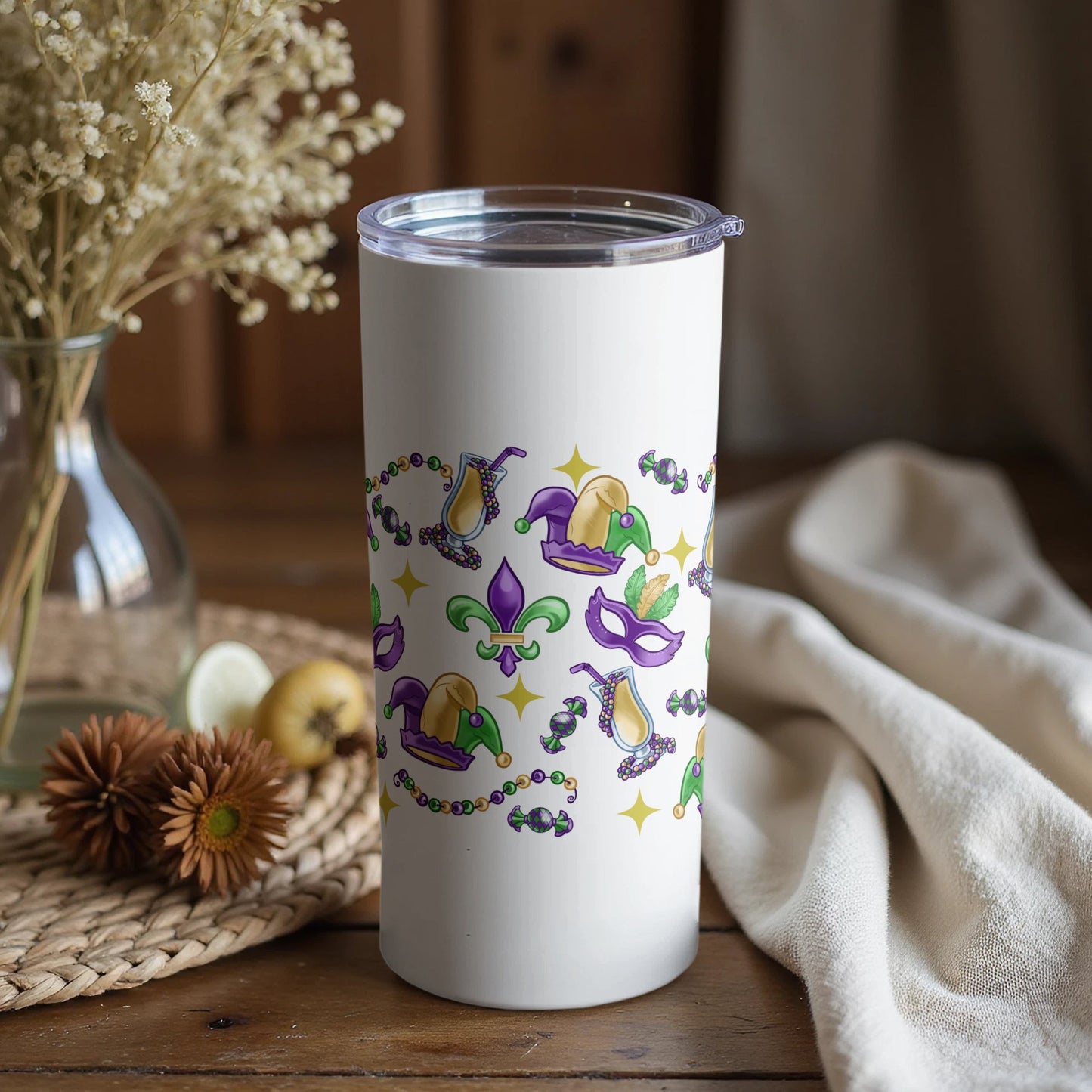 Mardi Gras Insulated Tumbler, Purple Green Gold Travel Cup, Festive Carnival Drinkware, 20 oz