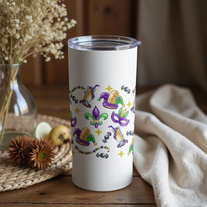 Mardi Gras Insulated Tumbler, Purple Green Gold Travel Cup, Festive Carnival Drinkware, 20 oz