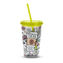 Teacher Fuel Tumbler, Floral Coffee Design Insulated Cup with Lid and Straw, Gift for Teachers