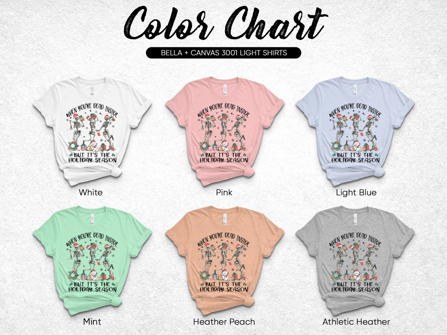 Bella Canvas 3001 Light T-Shirts Color Chart in White, Pink, Light Blue, Mint, Heather Peach, Athletic Heather