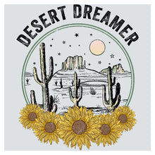 a desert scene with sunflowers and cactus