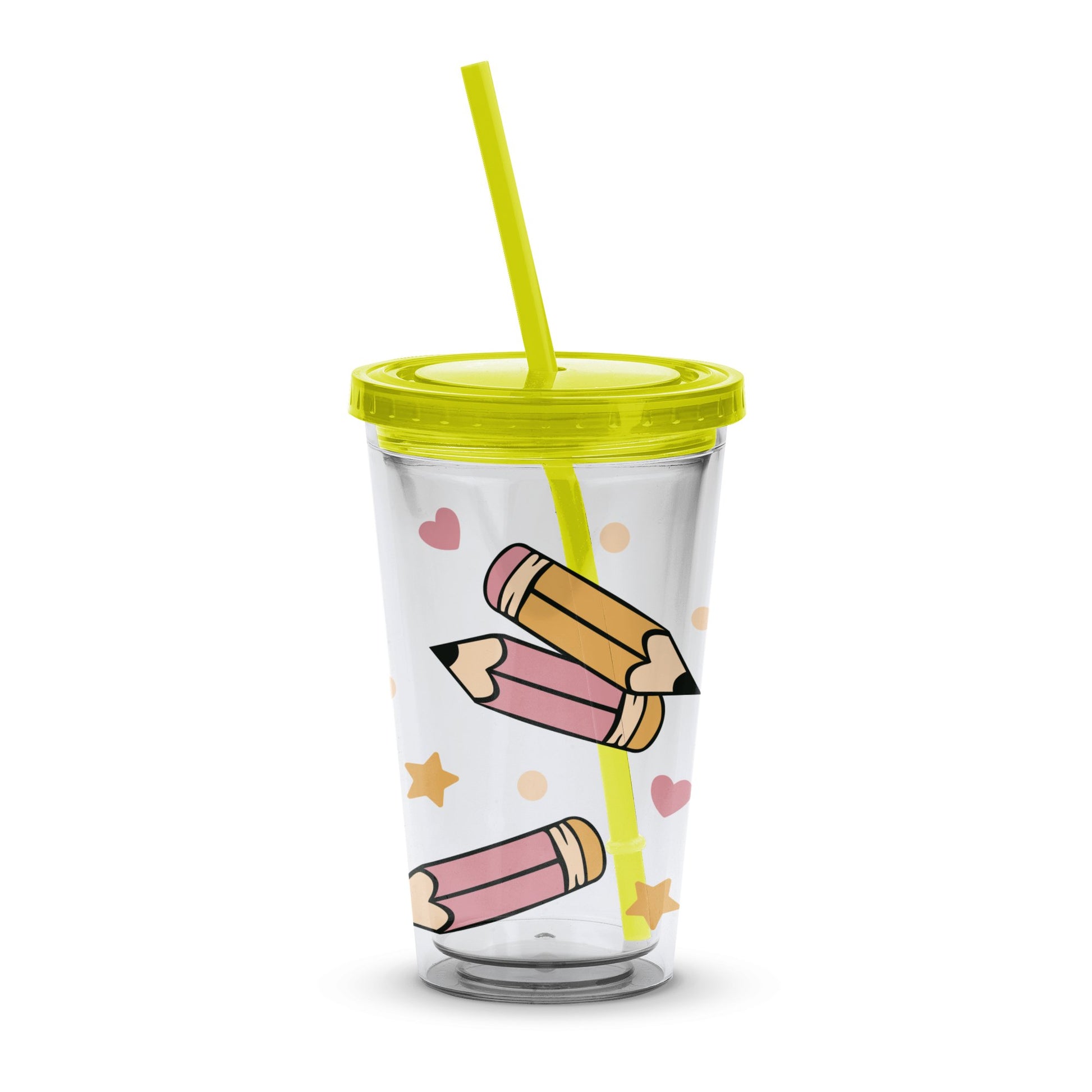 Cute Pencil and Stars Design Tumbler with Straw, Kids Reusable Drink Cup, Playful School Theme Insulated Tumbler
