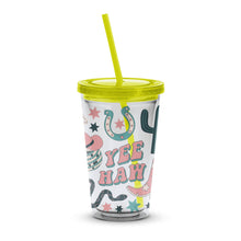 Colorful Yee Haw Insulated Tumbler with Straw, Western Theme Travel Cup, Star and Horseshoe Design, Gift Idea