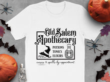 Old Salem Apothecary Halloween T-Shirt, Potions Tonics Elixirs Graphic Tee, Spooky Skeleton and Pumpkins Design Top for Fall Festivities