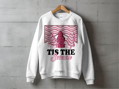 Festive Christmas Sweatshirt, Winter Holiday Sweater, Pink Trees Design, Tis The Season Text, Cozy Pullover, Casual Fashion