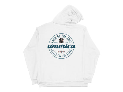 Patriotic America Hoodie, Land of the Free Slogan, White Pullover, Unisex Casual Wear, 1776 Graphic Sweatshirt