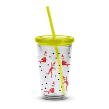 Festive Holiday Tumbler with Straw, Christmas Elves Pattern, Insulated Travel Cup, Gift Idea