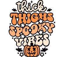 Thick Thighs Spooky Vibes Halloween T-Shirt Design, Pumpkin Graphic, Autumn Season Apparel, Funny Fall Quote, Halloween Party Wear