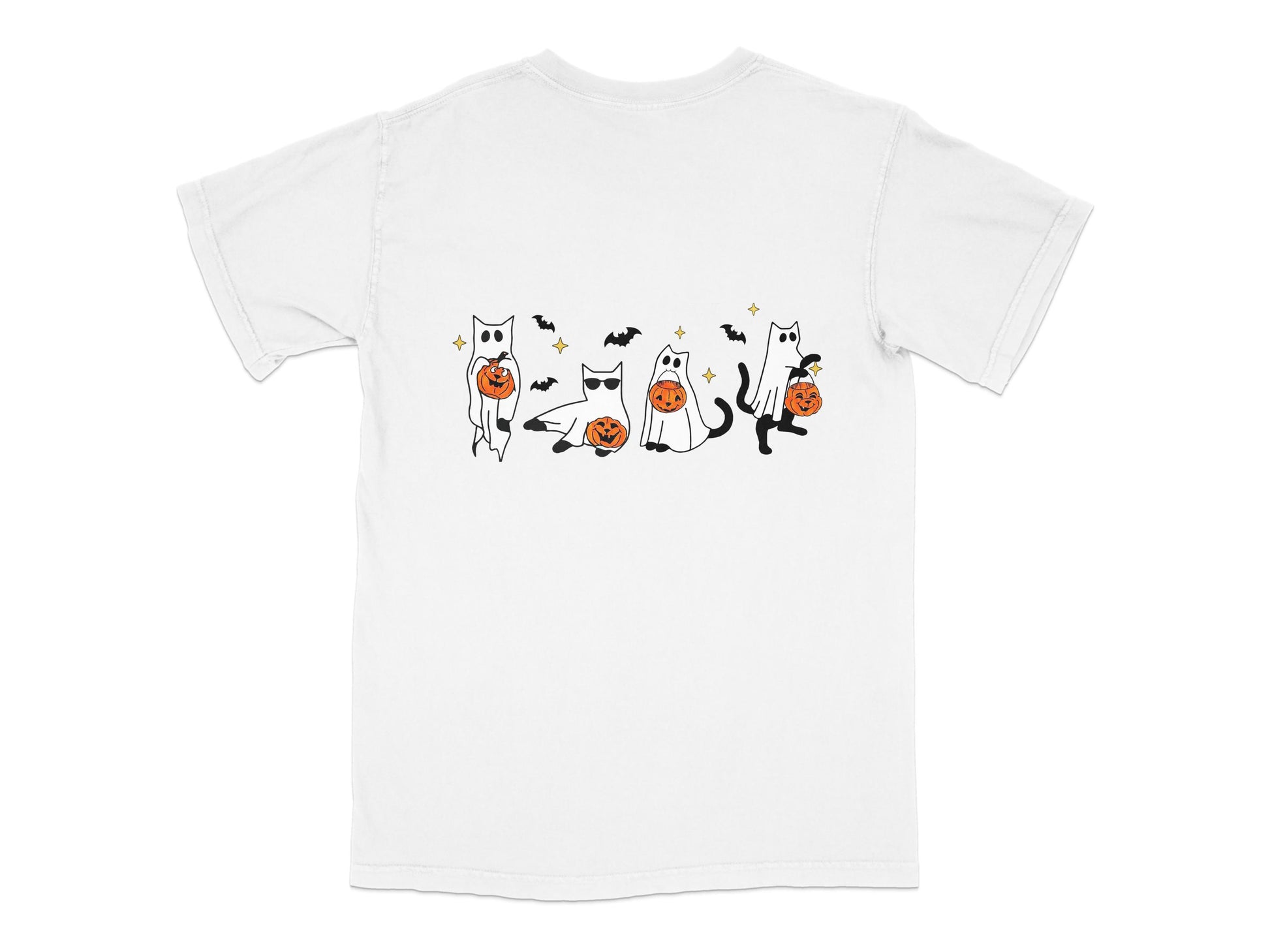 Halloween Cat T-Shirt, Cute Ghosts and Pumpkins, Spooky Cartoon Cats, White Tee, Unisex Graphic Shirt