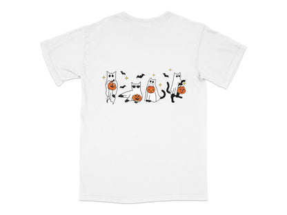 Halloween Cat T-Shirt, Cute Ghosts and Pumpkins, Spooky Cartoon Cats, White Tee, Unisex Graphic Shirt