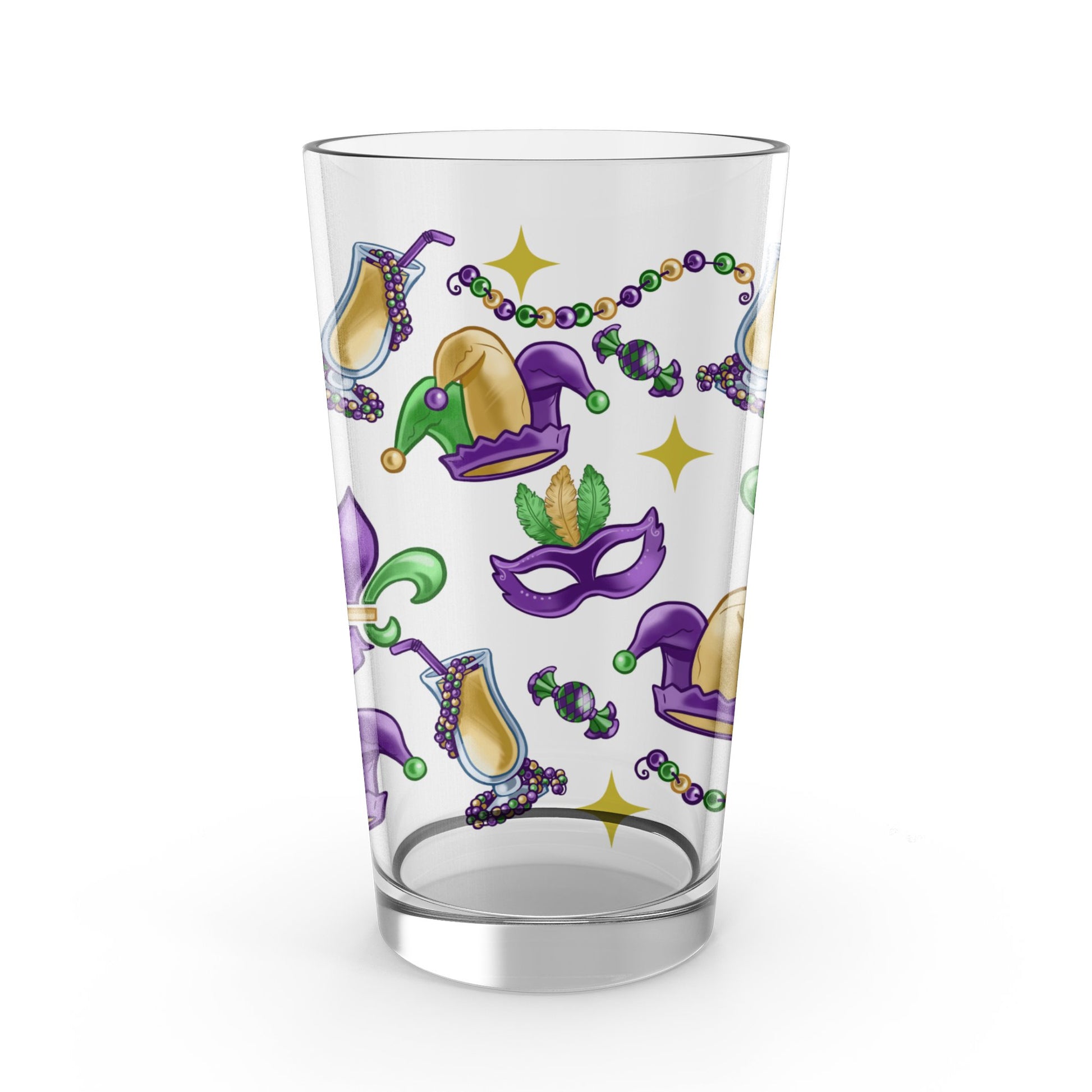 Mardi Gras Themed Glass Tumbler, New Orleans Party Drinkware, Purple Green Gold Mask and Beads Design, Festive Barware Gift