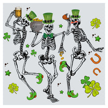three skeletons dancing with beer and shamrocks
