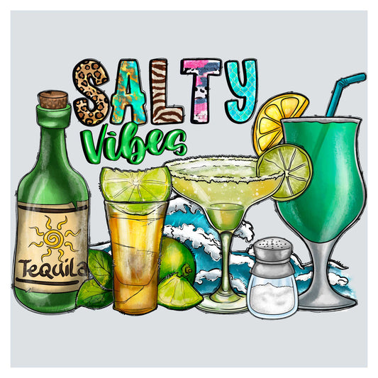 a painting of various alcoholic beverages with the words salty vibe