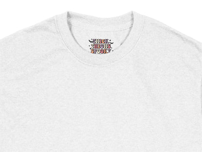 Halloween Themed T-Shirt, White Crew Neck, 'Witch, Brooms, Spooky' Text, Casual Fall Apparel
