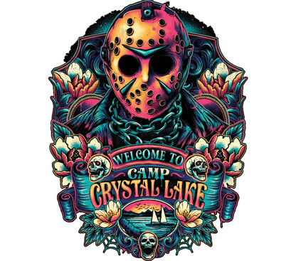 Vintage Horror Movie Art Print, Crystal Lake Welcome Sign, Jason Mask Poster, Colorful Wall Decor, Unique Gift Idea