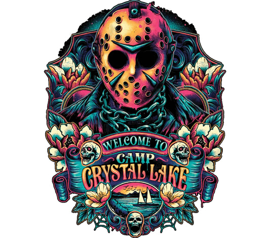 Vintage Horror Movie Art Print, Crystal Lake Welcome Sign, Jason Mask Poster, Colorful Wall Decor, Unique Gift Idea