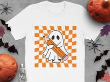 Cute Ghost Halloween T-Shirt, Orange Checkered Pattern, Spooky Season Apparel for All Ages