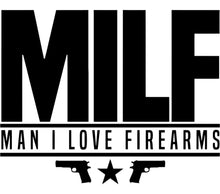 Man I Love Firearms MILF Logo T-Shirt, Black and White Graphic Tee, Unisex Adult Clothing, Casual Style Shirt, Gun Enthusiast Apparel