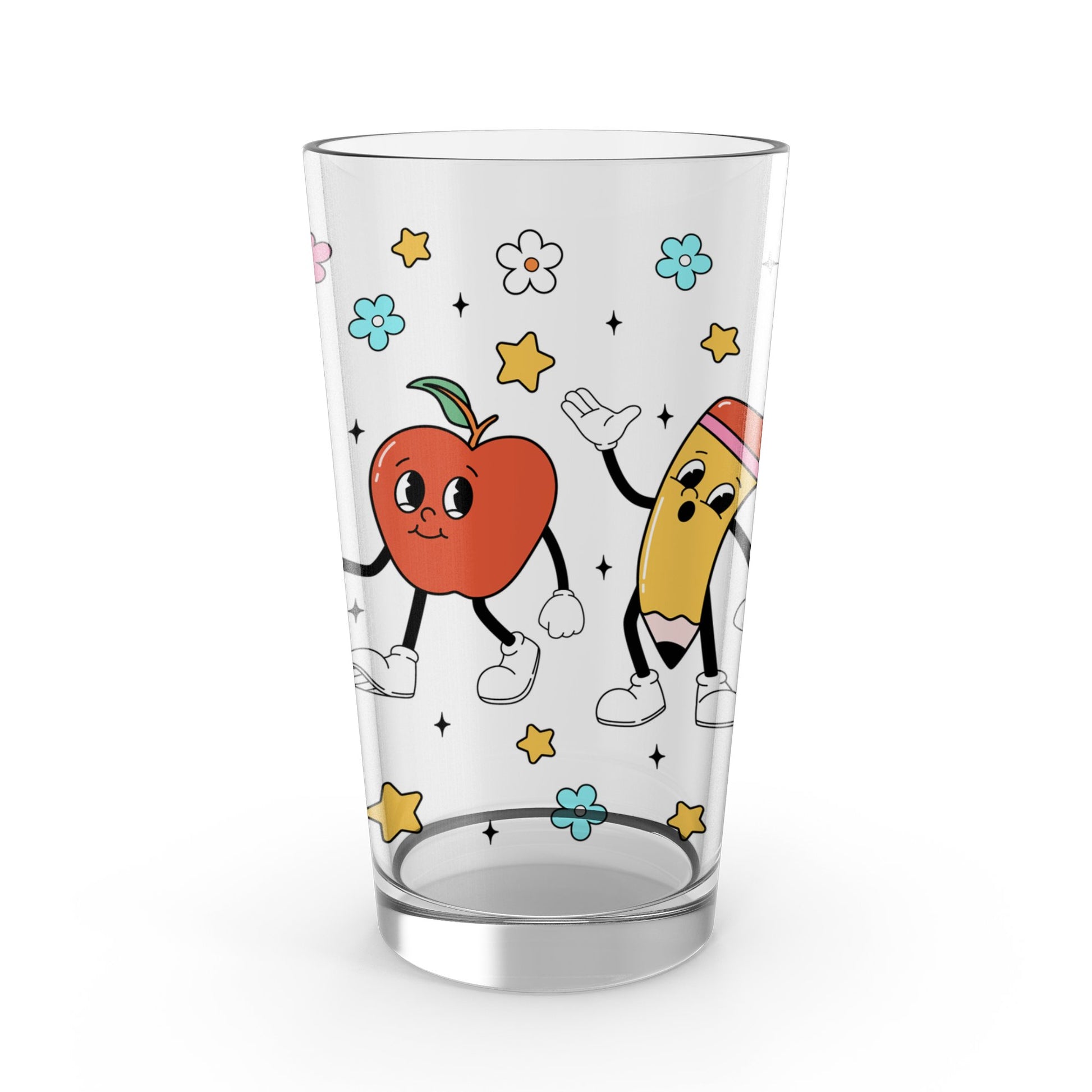 Kids Drinking Glass with Cute Cartoon Fruits Design, Colorful Stars, Fun Apple and Banana Characters