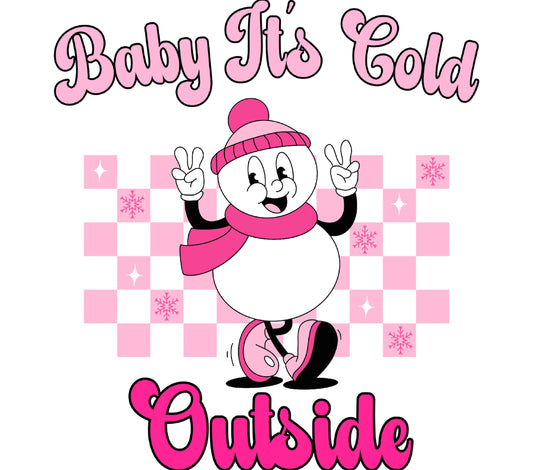 Baby It's Cold Outside Winter Snowman Graphic Tee, Cute Holiday Shirt, Pink Snowflake Design
