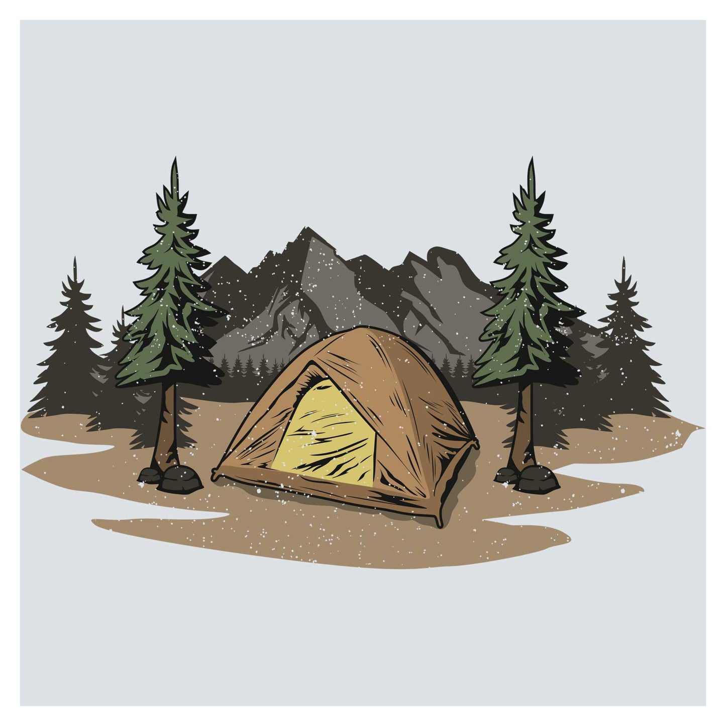 a drawing of a tent in the middle of a forest