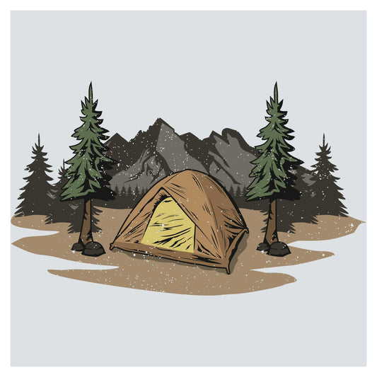 a drawing of a tent in the middle of a forest