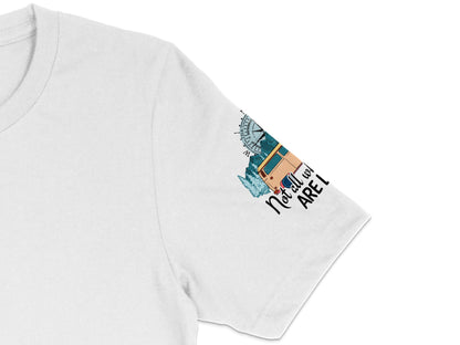 White T-Shirt with Vintage Camper and Compass Graphic, Adventure Awaits Design, Unisex Travel Tee