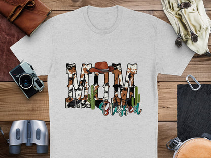 Blessed Cow Print T-Shirt, Farm Animal Graphic Tee, Cowboy Hat Stylish Casual Top