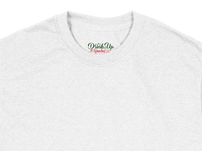 White Upcycled T-Shirt with Embroidered 'Drink Up' Logo, Sustainable Fashion, Soft Casual Wear, Unique Gift Idea for Friends.