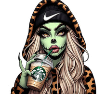 Zombie Girl Sipping Coffee Art Print, Green Face, Leopard Hoodie, Nike Cap, Monster Illustration, Unique Wall Decor