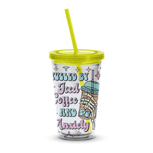 Fun Printed Tumbler, Fueled by Iced Coffee and Anxiety, Colorful Travel Cup with Straw, Durable Summer Drinkware, Unique Gift Idea