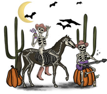 Halloween Skeleton Party Poster, Spooky Wall Art with Skeletons on Horse, Cactus, Bats, Moon.