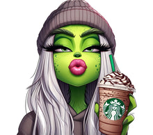 Funky Green Alien Sipping Coffee Print, Stylish Hat and Lips Artwork, Unique Wall Decor, Colorful Illustration