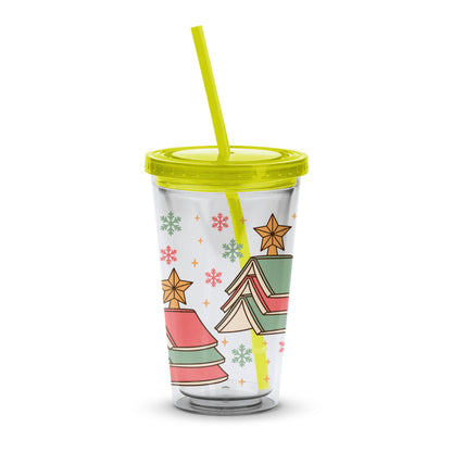 Christmas Tumbler Cup with Straw, Holiday Insulated Acrylic Tumbler, Festive Drinkware, Reusable Snowflake and Tree Design