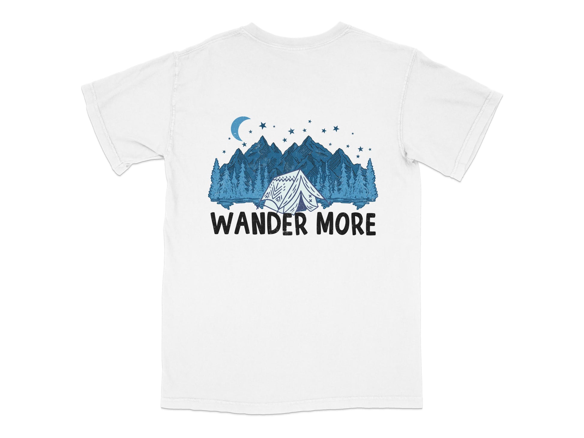 Wander More T-Shirt, Outdoor Adventure Graphic Tee, Camping Mountains Moon Design, Nature Lover Gift, Unisex Cotton Shirt