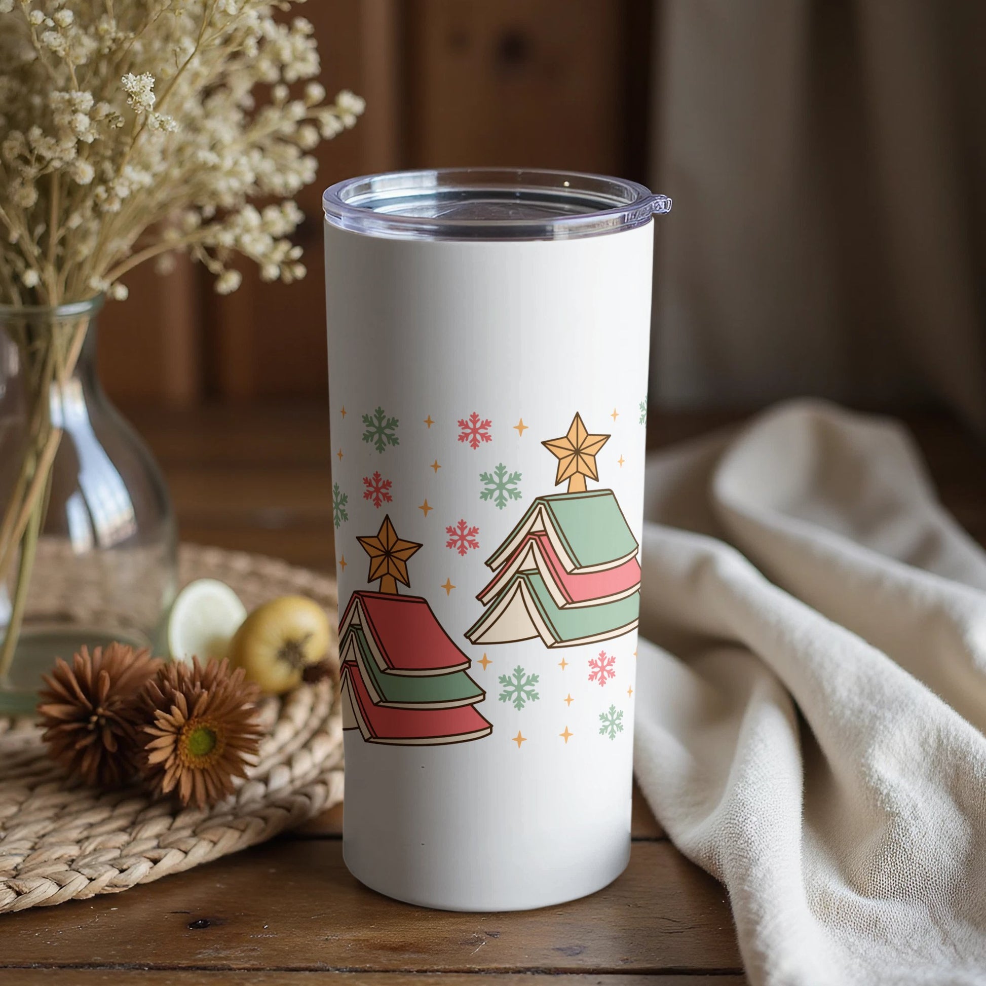 Vintage Christmas Tumbler, Retro Holiday Books and Stars Design, Insulated Travel Mug, Gift Idea