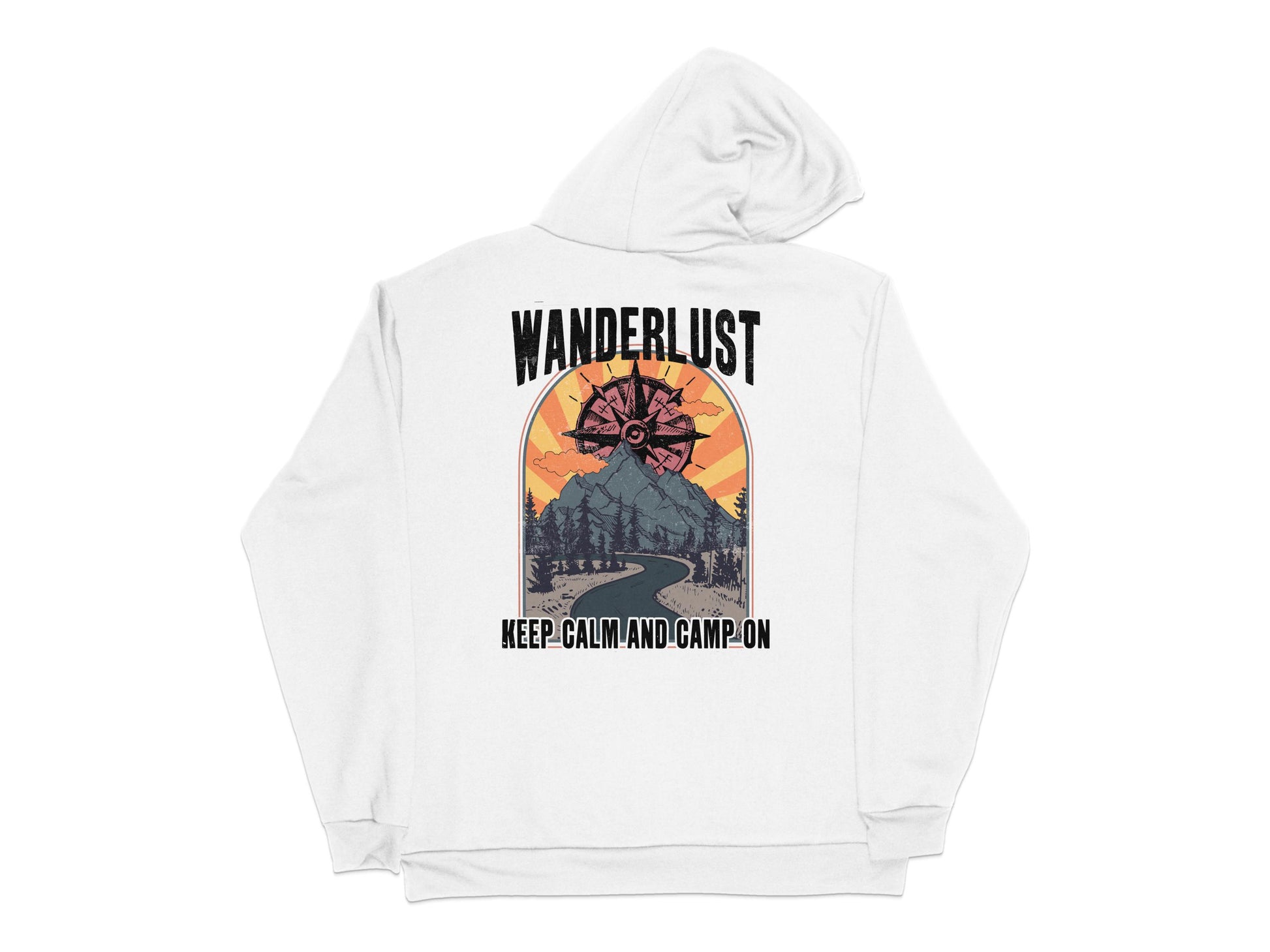 Wanderlust Graphic Hoodie, Keep Calm and Camp On, Vintage Mountain Print, Unisex White Sweatshirt
