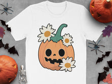 Halloween Pumpkin T-Shirt with Daisy Flowers, Cute Fall Graphic Tee, Unisex Adult and Kids Sizes