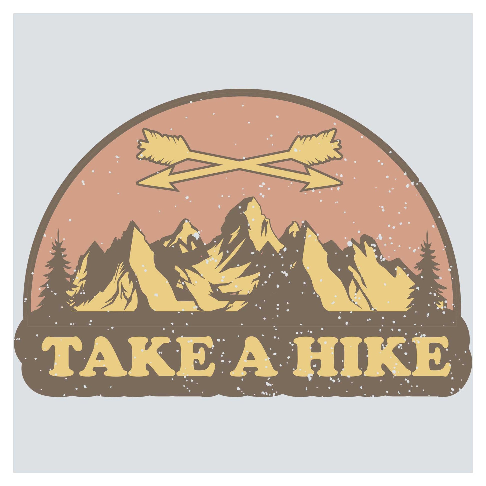 a sticker that says take a hike with mountains in the background