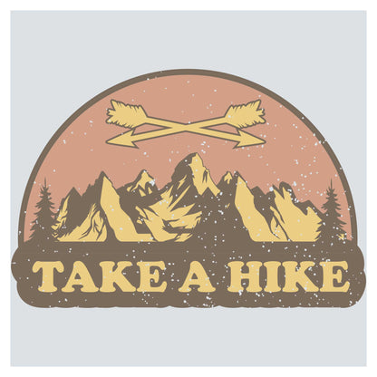 a sticker that says take a hike with mountains in the background