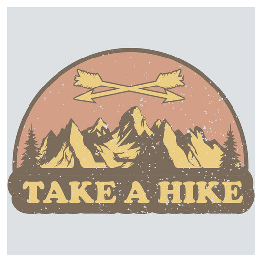 a sticker that says take a hike with mountains in the background
