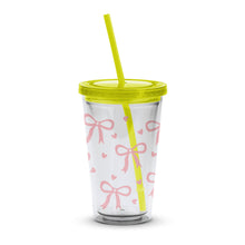 Reusable Insulated Tumbler with Straw, Pink Bow and Heart Design, Travel Cup