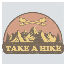 a sticker that says take a hike with mountains in the background