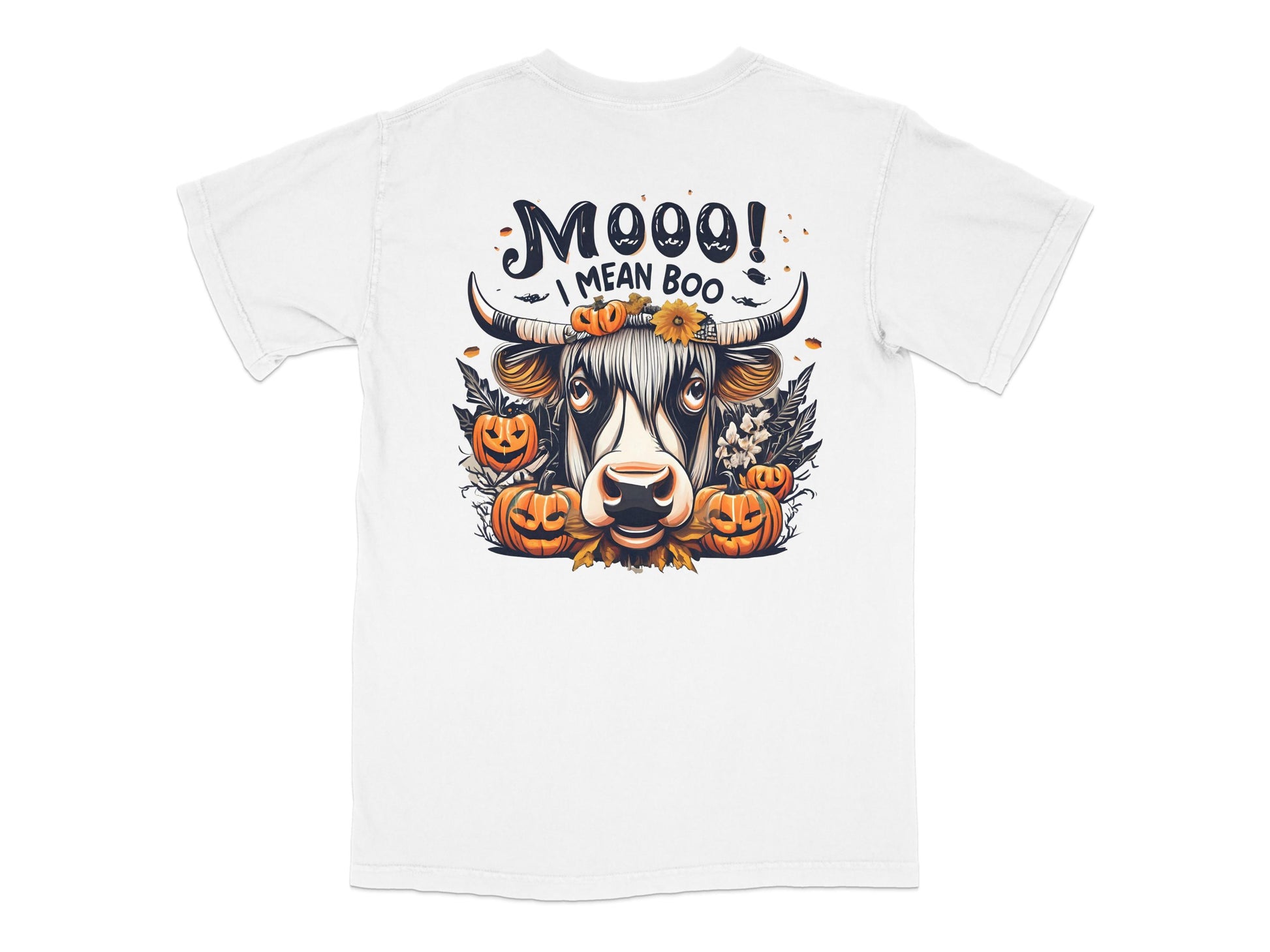 Halloween Cow T-Shirt, Funny Moo I Mean Boo Graphic Tee, Pumpkin Fall Festive Shirt, Unisex Adult Clothing